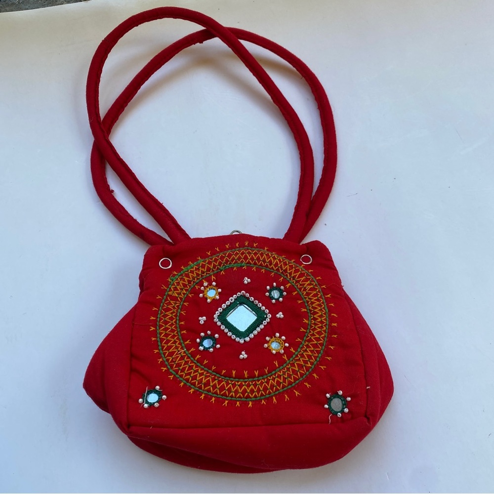 Vintage Playboy delicate quilted red ethnic mirrored bead small handbag purse